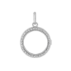 Un pendentif médaillon de forme ronde en or blanc serti de diamant avec un verre saphir transparent