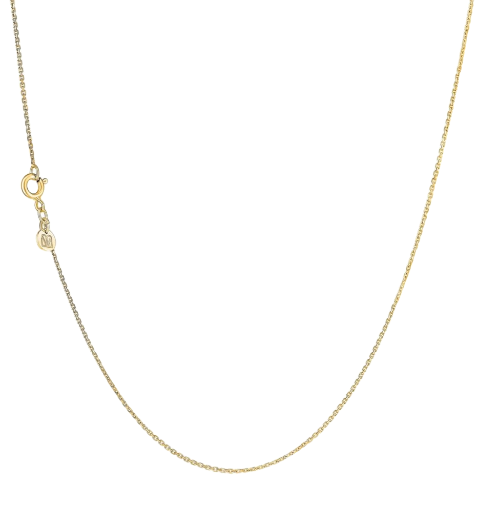 une chaine forçat limée or jaune 1,2 mm, longueur 45 cm avec anneau intermédiaire 40 cm, avec pastille logo loujem