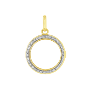 Un pendentif médaillon de forme ronde en or jaune serti de diamants avec un verre saphir transparent
