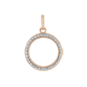 Un pendentif médaillon de forme ronde en or rose serti de diamant avec un verre saphir transparent