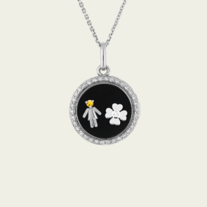 Médaillon or blanc 18 cts serti de diamants trèfle & fille citrine