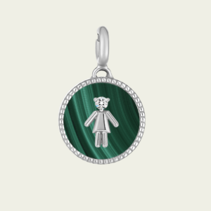 Médaille or blanc 18 cts fille diamant, fonds malachite
