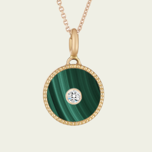 Médaille or jaune 18 cts pierre naissance, fonds malachite
